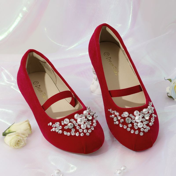 Girl's Mary Jane Pearl Ballerina Flats - RED SUEDE - 2